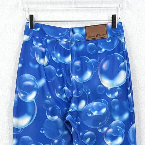 HOUSE OF SUNNY Fantasia Flare Pants Womens 6 Blue Bubble Print High Rise Stretch - Picture 6 of 16